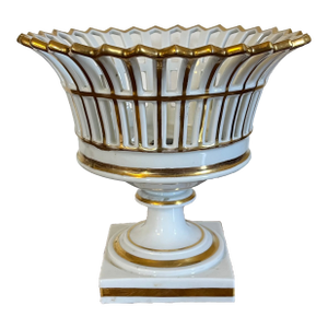 Antique 19th Century Old Paris Porcelain Gilt Reticulated Pedestal Basket or Corbeille