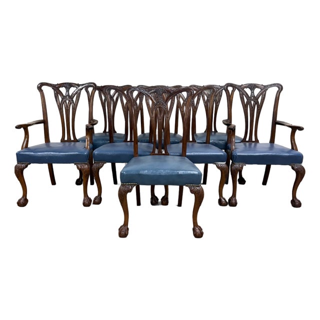 Vintage English Chippendale Style Carved Mahogany Dining Chairs - Set of 8 For Sale