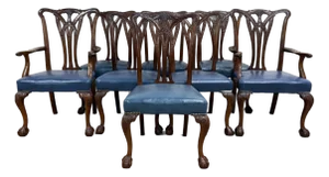 Vintage English Chippendale Style Carved Mahogany Dining Chairs - Set of 8