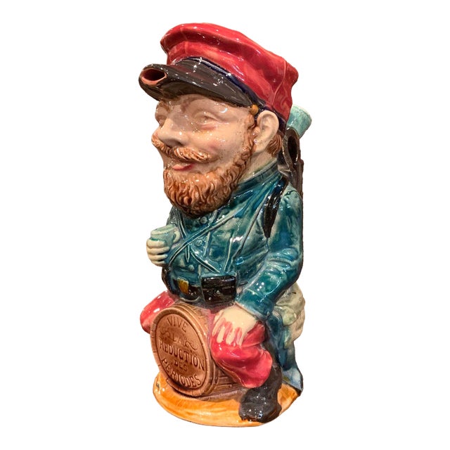 19th Century French Onnaing Hand-Painted Barbotine Soldier Pitcher For Sale