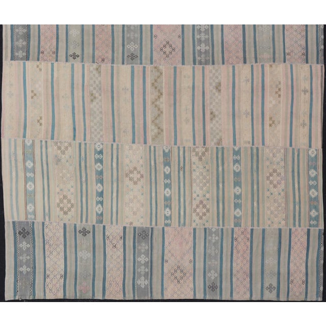 Large Vintage Paneled Kilim Flat-Weave in Blue, Pink, Taupe, Gray, Light Brown For Sale - Image 12 of 13