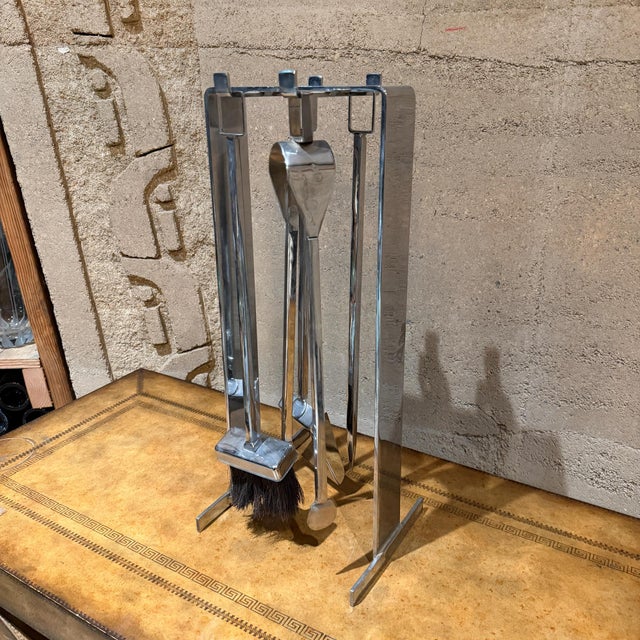 1950s French Fire Tool Chrome Fireplace Set Style Pierre Guariche For Sale - Image 12 of 12