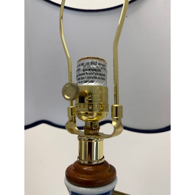 Late 20th Century Pair of Ralph Lauren Home Blue & White Porcelain Double Gourd Table Lamps With White/Blue Trim Shades For Sale - Image 9 of 11