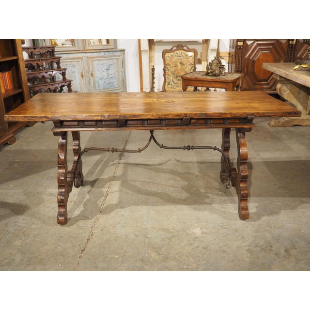 A 1900s Spanish Library Table Desk With Iron Stretchers, Shallow Frieze Drawers For Sale - Image 16 of 18