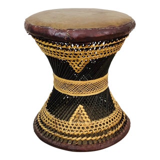 Vintage Woven Rattan Moroccan Foot Stool Drum Table or Plant Stand For Sale