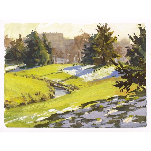 005 - Plein Air-Englewood, CO, 1/20/22 by Judd Mercer | Gouache Landscape of a green field with trees and a stream. For Sale