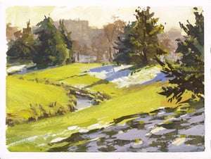 005 - Plein Air-Englewood, CO, 1/20/22 by Judd Mercer | Gouache Landscape of a green field with trees and a stream.