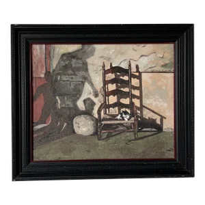 1930's Slavinsky Still Life French Ladder Back Chair With Cat Oil Painting