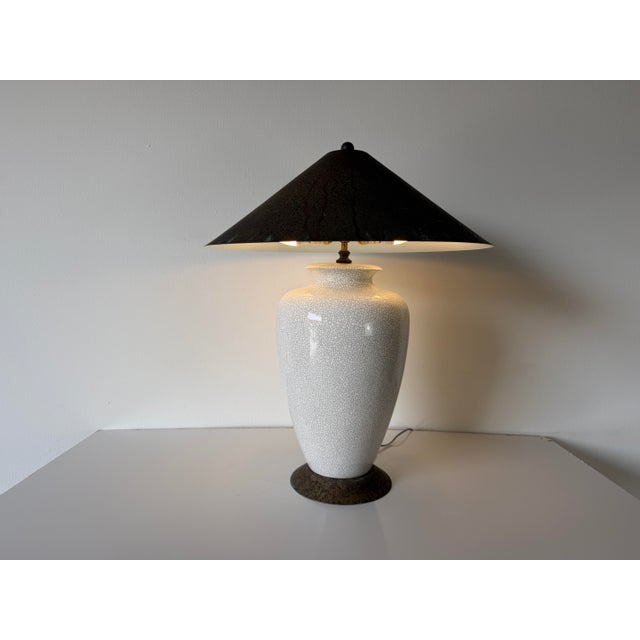 Mid-Century Modern 1980s Postmodern Crackle Glazed Ceramic Table Lamp With Metal Conical Shade For Sale - Image 3 of 12
