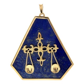 Vintage Oversized 18k Lapis Lazuli Libra Zodiac Pendant For Sale