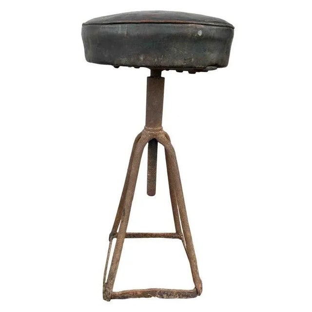 1930s Vintage French Industrial Adjustable Stool | 1930s Iron Swivel Stool With Black Leather Seat For Sale - Image 5 of 5