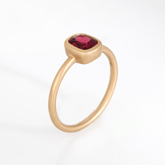 Stylish contemporary Burma red spinel ring crafted in 14k yellow gold. Faceted square cushion natural Burma red spinel 5mm...