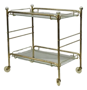 Vintage Mid Century Modern Metal 2 Tier Glass Shelf Rolling Liquor Bar Cart