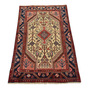 Hamedan Rug 3'3'' X 5' Ivory Wool Vintage Tribal Hand-Knotted Oriental Carpet