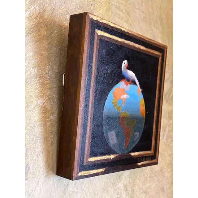 Contemporary Sitting on Top of the World by Shawn Sullivan | Oil on panel Bird sitting on a globe. For Sale - Image 3 of 3