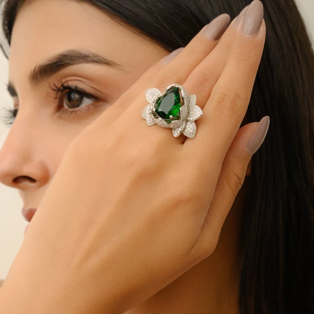 Green Carat&her Large Lotus Bonheur Ring With Pear Drop Gemstone & Cz Studded in Silver Size 6 For Sale - Image 8 of 12
