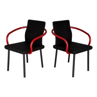 1990s Set of 2 Ettore Sottsass Mandarin Chairs by Knoll - Black + Red Post Modern For Sale