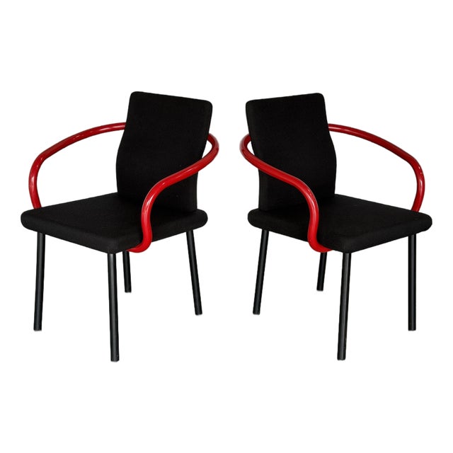 1990s Set of 2 Ettore Sottsass Mandarin Chairs by Knoll - Black + Red Post Modern For Sale