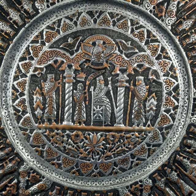 Persian Qalam Zani Chiseled Silvered Copper Wall Plate Art, 1900s For Sale - Image 3 of 13