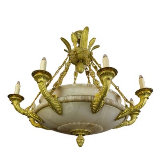 Large Empire Style Alabaster and Bronze 16-Light Chandelier, 1920s For Sale