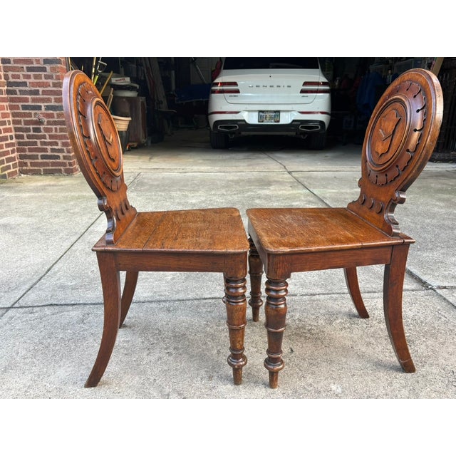 Pair of Early 19th Century English Regency Oak Hall Chairs With Carved Backs For Sale - Image 9 of 18