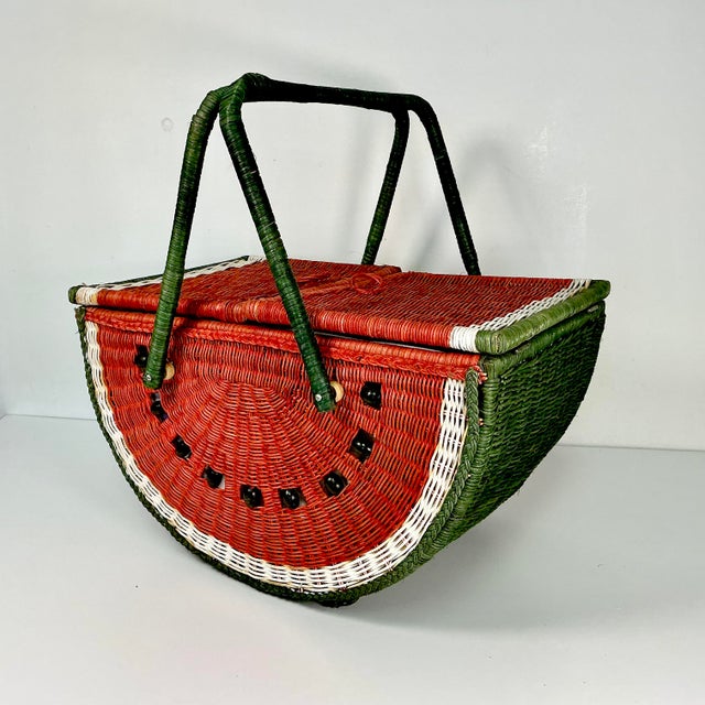 1980s Vintage Boho Chic Arts & Crafts Trompe L’Oeil Watermelon Wicker Picnic Basket. For Sale - Image 11 of 18