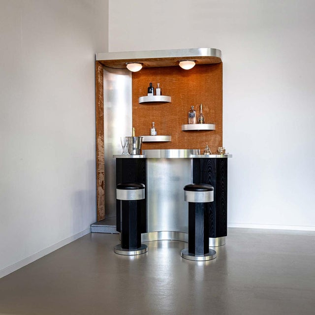 1970s Large Brushed Aluminium Bar with Stools, Set of 3 For Sale - Image 5 of 14