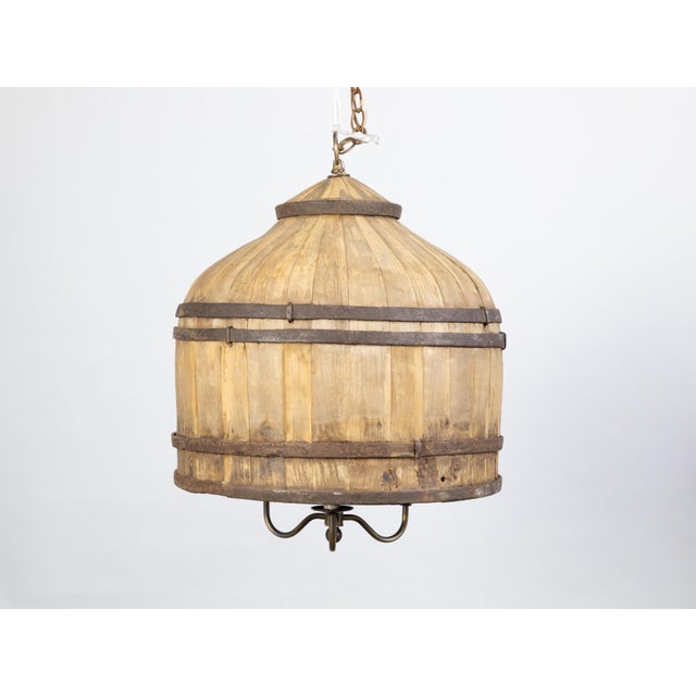 Tan Vintage English Rustic Wooden Barrel Light Fixture with Three Scrolling Arms For Sale - Image 8 of 10