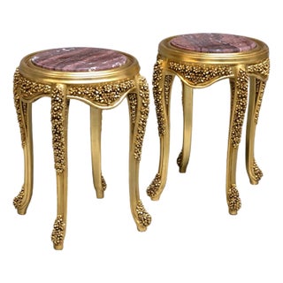 French Style Gold Leaf Side Table Set – Multicolor Marble Top Accent Table With Ornate European Details For Sale