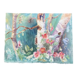 1980’s Original Vintage Impressionist Birch Tree/Flowers Watercolor Painting For Sale