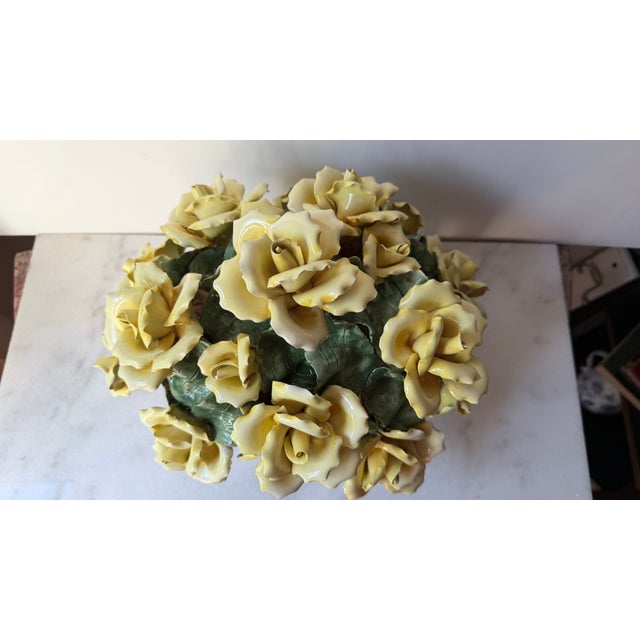 Vintage Italian Capodimonte-Style Porcelain Floral Arrangement Yellow Roses and Green Leaves Set Inside a White Textured Ceramic Basket. For Sale - Image 16 of 16