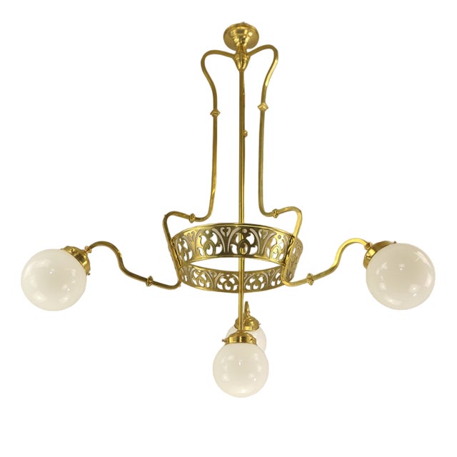 Art Nouveau Brass Chandelier with Four Light Sources from Bavaria, Germany, 1910s For Sale