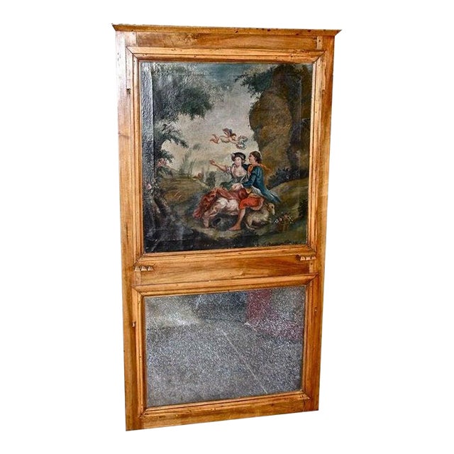 19th Century French Provincial Walnut Trumeau Mirror With Painting For Sale