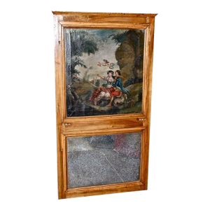 19th Century French Provincial Walnut Trumeau Mirror With Painting