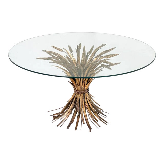 Italian Wheat Sheaf Low Table of Gilt Metal With Round Top of Glass For Sale
