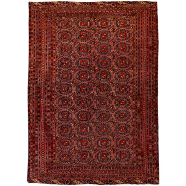 Vintage Turkmen Handmade Geometric Persian Wool Rug With Terracotta Color For Sale - Image 9 of 9