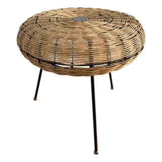Mid-Century Modern French Woven Rattan Tripod Stool For Sale