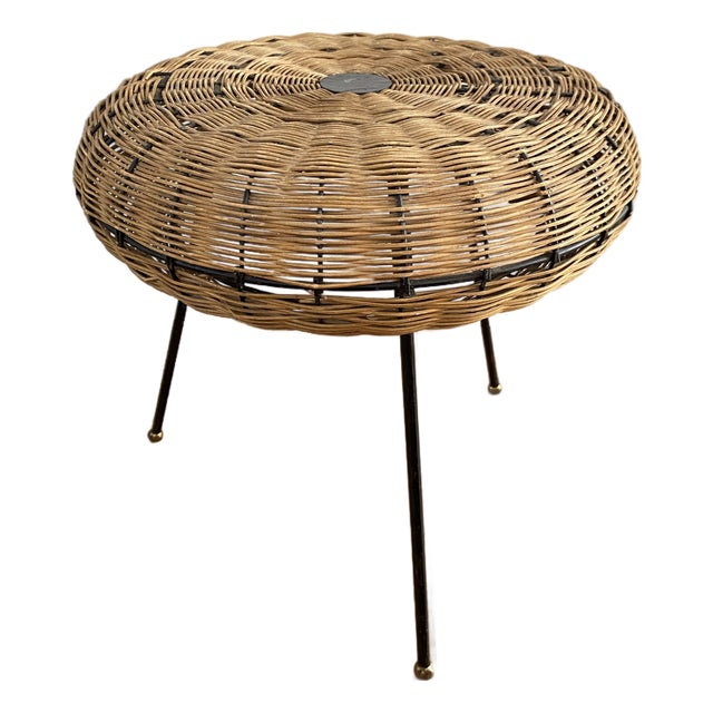 Mid-Century Modern French Woven Rattan Tripod Stool For Sale