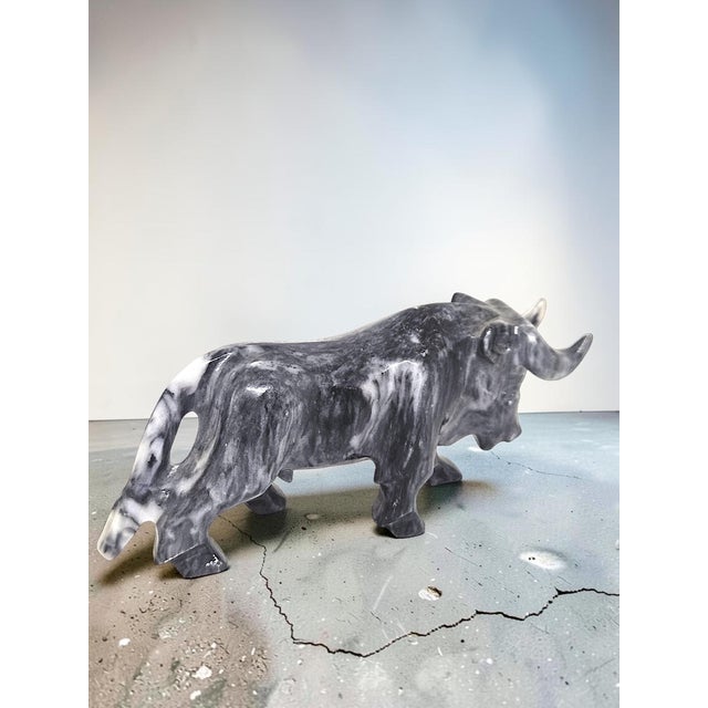 Vintage Hand Carved Marble Bull Sculpture | Black & White Stone Bull Figurine | Ranch Western Decor | Onyx Animal Statue...