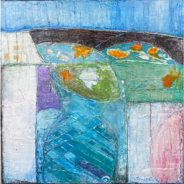 Abstract Floral Original Painting "Still Life in Blue Tones" by Sonia Gold For Sale