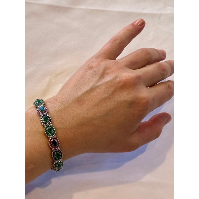 8 Ct Oval Cut Emerald & Ruby & Sapphire Tennis Bracelet 14 Kt White Gold 25.5Gm For Sale - Image 18 of 18