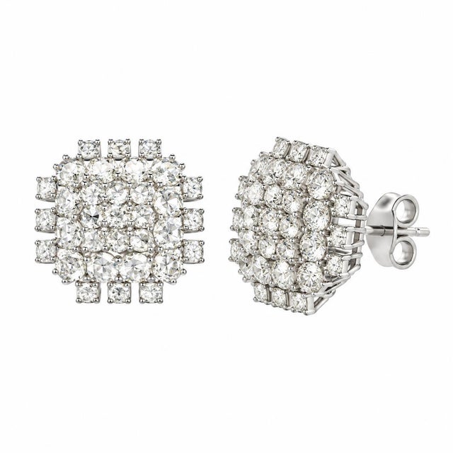18k White Gold Round Rose-Cut Diamond Cluster Earrings, Pair For Sale - Image 4 of 5