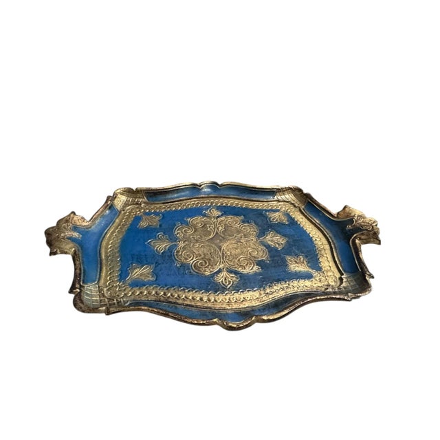 Italian Blue and Gold Florentine Tray For Sale - Image 3 of 7