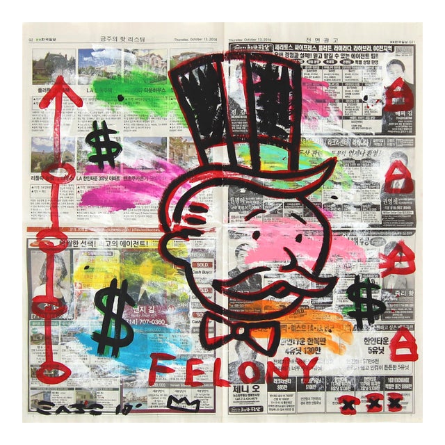 Felony Money - Original Pop Art Money Painting on Korean Newspaper by Gary John For Sale