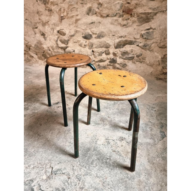 Green Vintage French Industrial Stackable Workshop Stools in Green Tubular Steel Frame with Beech Plywood Seat, 1960s, Set of 2 For Sale - Image 8 of 11