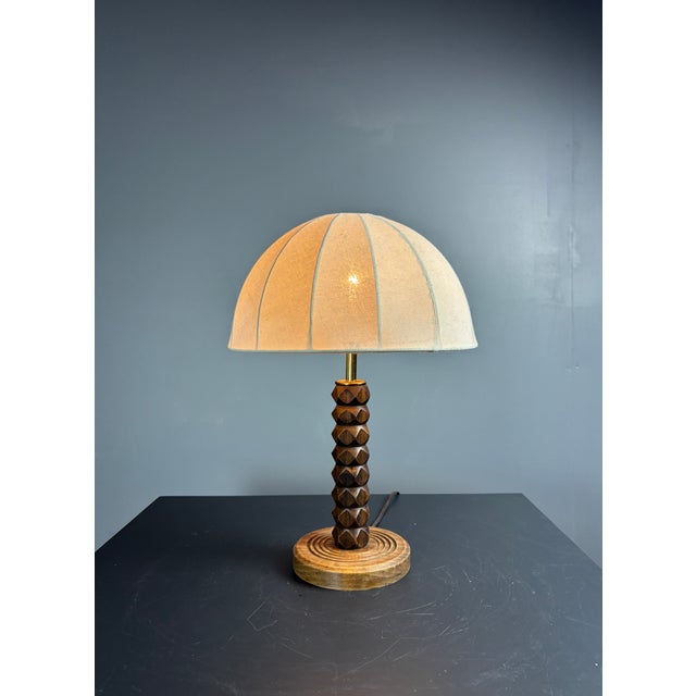 Mid-Century Modern French Brutalist Turned Wood Mushroom Table Lamp in the style of Charles Dudouyt, 1950s For Sale - Image 14 of 17