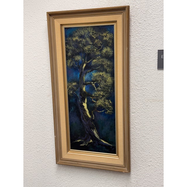 Design Plus Gallery presents a Vintage Oil On Canvas Painting by J. Lamm. The composition centers on a winding tree...