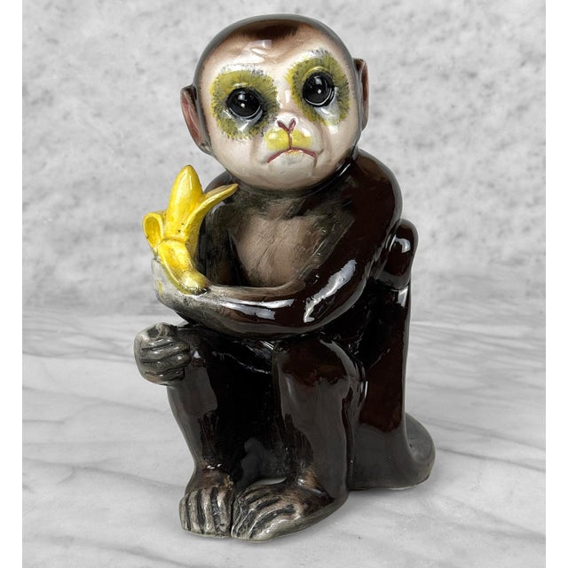 Japanese Mid-Century Japanese Porcelain Monkey Holding Banana Sculpture For Sale - Image 3 of 9