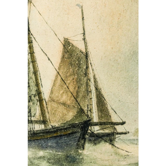 Gold Lovely Large Gold Gilt Frame Antique Victorian Maritime Watercolor Painting Fishing Sailboat Ocean Wall Home Decor Nautical Art For Sale - Image 8 of 18