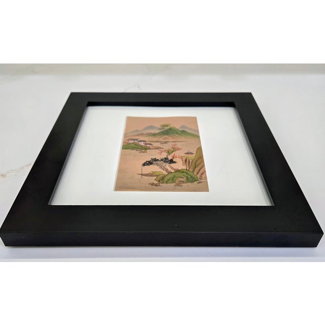 Mid 20th Century Mid 20th Century Chinese Silk Watercolor Mountain Landscape With Houses and Trees For Sale - Image 5 of 8